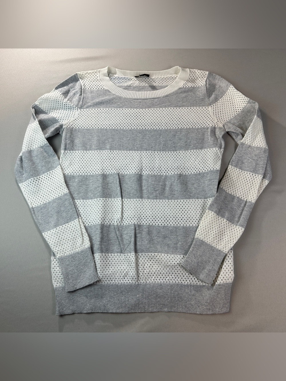 Express Women's Sweater Small Gray White Striped Crewneck Mesh Boho Y2K Preppy